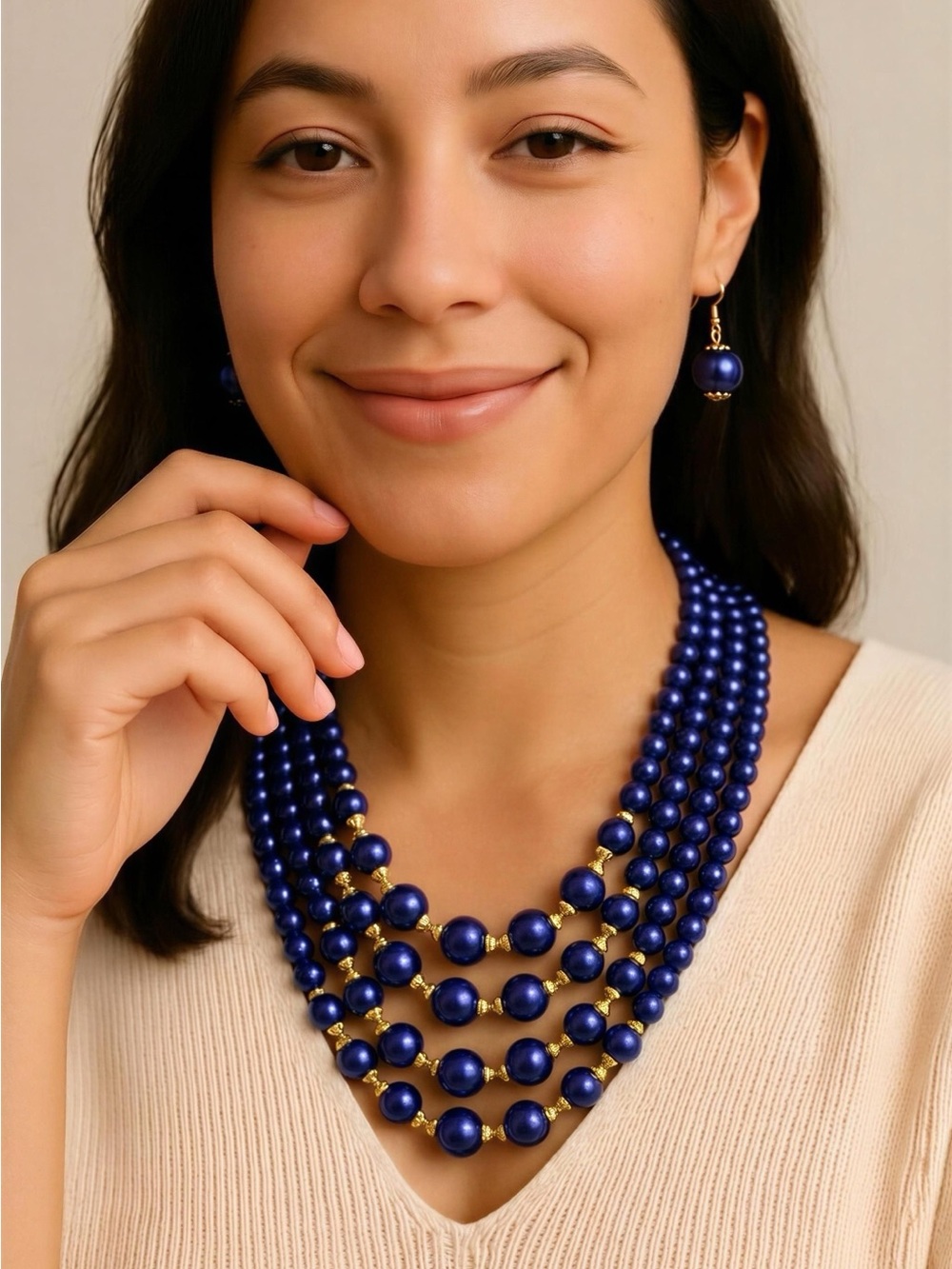 Elegant Navy Pearl Multi-Strand Necklace with Gold Accents